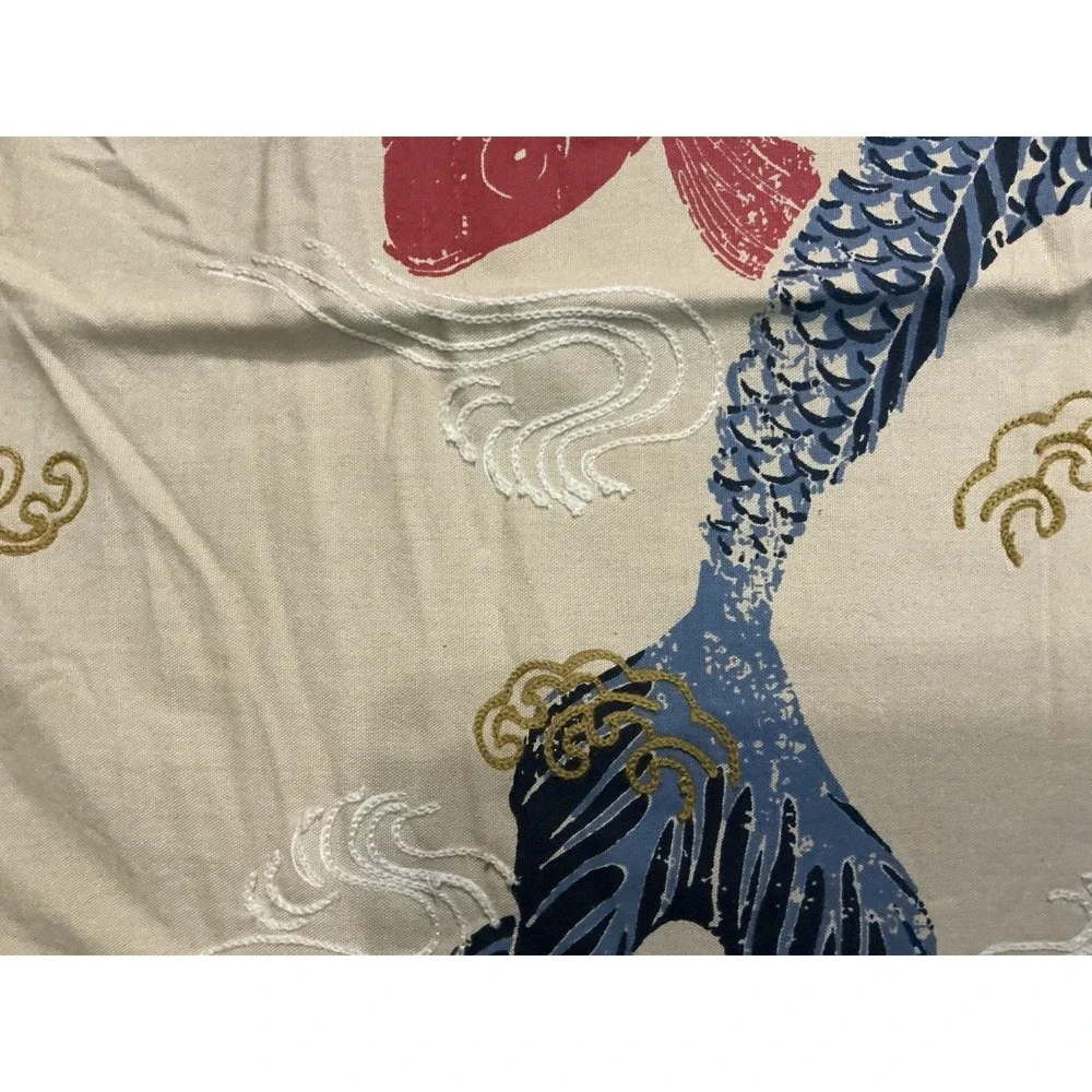 Japanese Style Red & Blue Koi Fish Embroidered Motifs Pillow Cover 26in X 15in